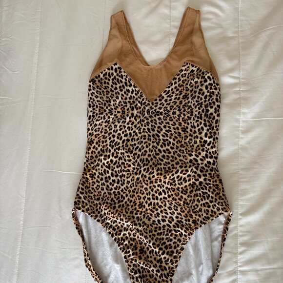 Norma Kamali Racer Deep-V Combo Mio Leopard Mesh One Piece Swimsuit Medium RARE - Picture 3 of 11